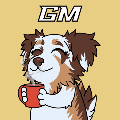 A Cartoon Of A Dog Holding A Red Cup With Gm Written On The Bottom GIF