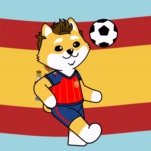 a cartoon of a dog holding a soccer ball in front of a flag