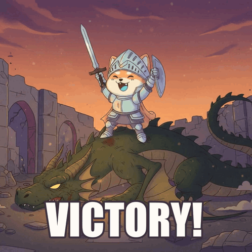 A Cartoon Of A Dog In Armor Riding On The Back Of A Dragon With The Words Victory Written Below It GIF