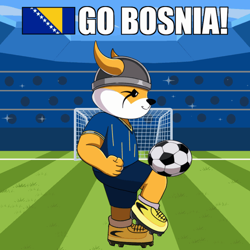 a cartoon of a dog kicking a soccer ball with the words go bosnia