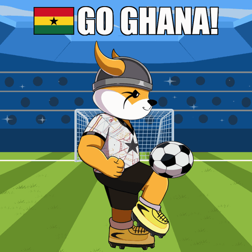 A Cartoon Of A Dog Kicking A Soccer Ball With The Words Go Ghana Written Above It GIF