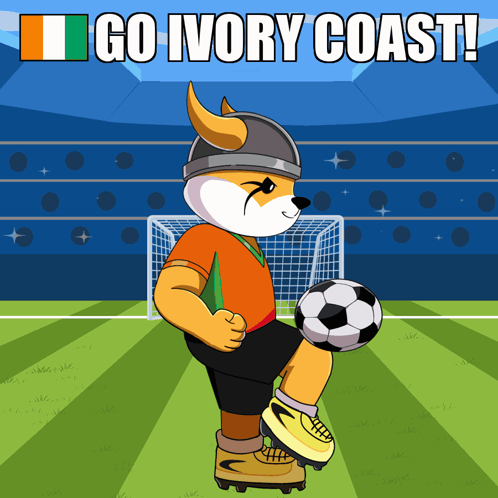 a cartoon of a dog kicking a soccer ball with the words go ivory coast below it