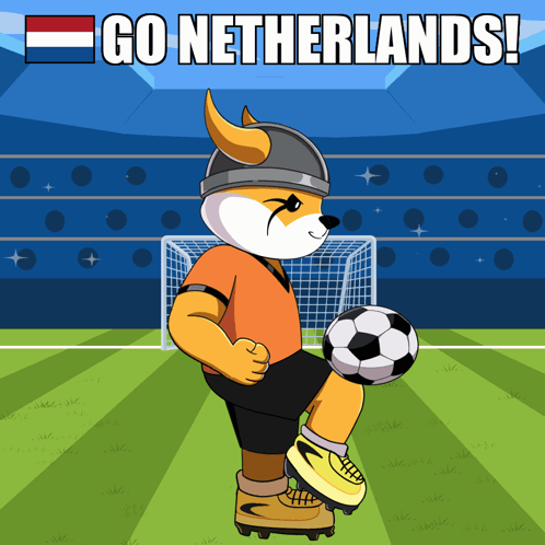 A Cartoon Of A Dog Kicking A Soccer Ball With The Words Go Netherlands GIF