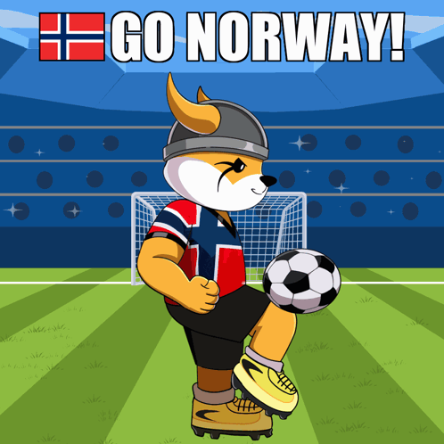 A Cartoon Of A Dog Kicking A Soccer Ball With The Words " Go Norway " Above Him GIF