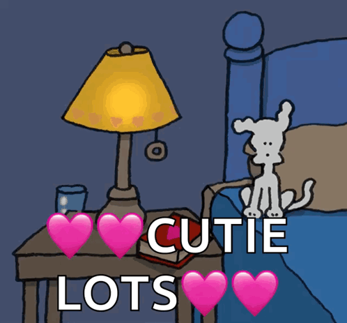 A Cartoon Of A Dog On A Bed With The Words Cutie Lots Above It GIF