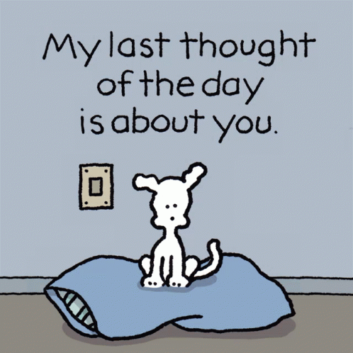A Cartoon Of A Dog On A Pillow With The Words " My Last Thought Of The Day Is About You " GIF