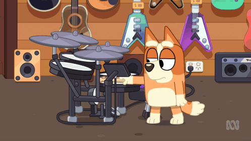 A Cartoon Of A Dog Playing A Drum Set With Guitars Behind Him GIF