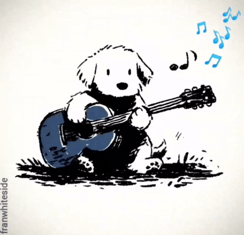 A Cartoon Of A Dog Playing A Guitar With The Words Gimme Gimme Shelter GIF
