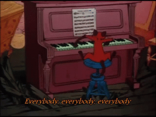 A Cartoon Of A Dog Playing A Piano With The Words " Everybody Everybody Everybody " GIF