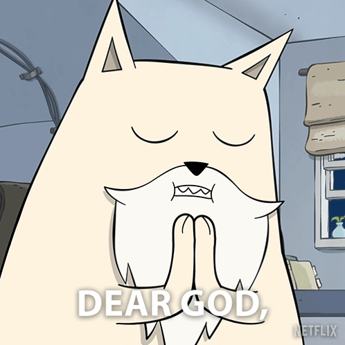 A Cartoon Of A Dog Praying With The Words Dear God On The Bottom Right GIF
