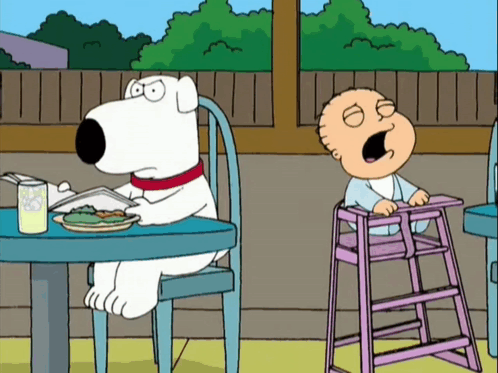 A Cartoon Of A Dog Reading A Book Next To A Baby In A Pink High Chair GIF