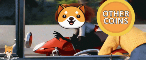 A Cartoon Of A Dog Riding A Motorcycle Next To A Yellow Coin That Says Other Coins GIF