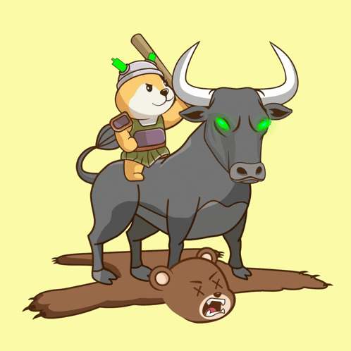A Cartoon Of A Dog Riding On The Back Of A Bull Holding A Bat GIF