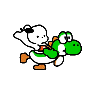 a cartoon of a dog riding on the back of a green and white yoshi .