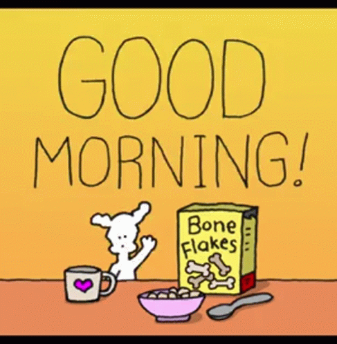 A Cartoon Of A Dog Sitting At A Table With A Box Of Bone Flakes GIF