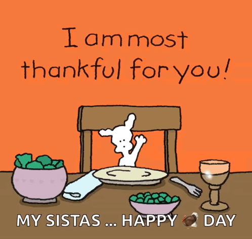 A Cartoon Of A Dog Sitting At A Table With A Plate Of Food And The Words " I Am Most Thankful For You " GIF