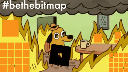 A Cartoon Of A Dog Sitting At A Table With The Words #Bethebitmap Written Above It GIF