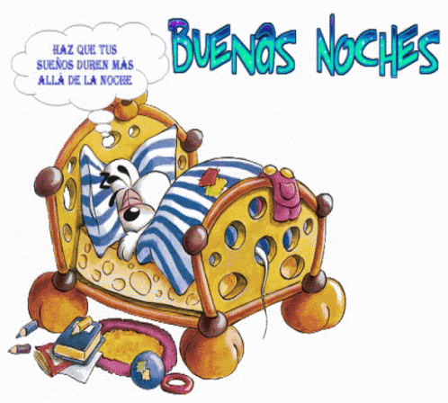 A Cartoon Of A Dog Sleeping In A Bed With The Words Buenos Noche On The Bottom GIF