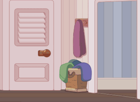 a cartoon of a dog standing in front of a door with a basket of clothes on the floor