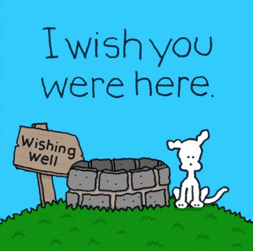 A Cartoon Of A Dog Standing Next To A Wishing Well Sign GIF