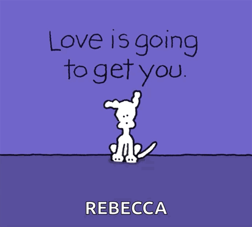 A Cartoon Of A Dog Surrounded By Pink Hearts With The Name Rebecca On The Bottom GIF