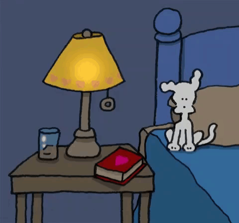 A Cartoon Of A Dog Trying To Turn On A Lamp GIF