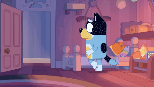 A Cartoon Of A Dog Walking Into A Bedroom With A Bed GIF