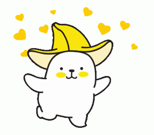 A Cartoon Of A Dog Wearing A Banana Hat With Hearts Around It GIF