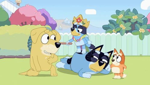 a cartoon of a dog wearing a crown holding a broom