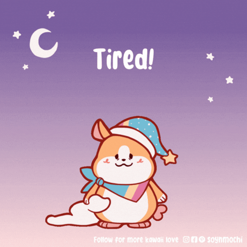 A Cartoon Of A Dog Wearing A Sleep Cap With The Words Tired Written Below It GIF