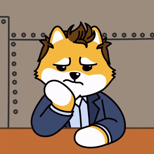 a cartoon of a dog wearing a suit and tie with a sad look on his face