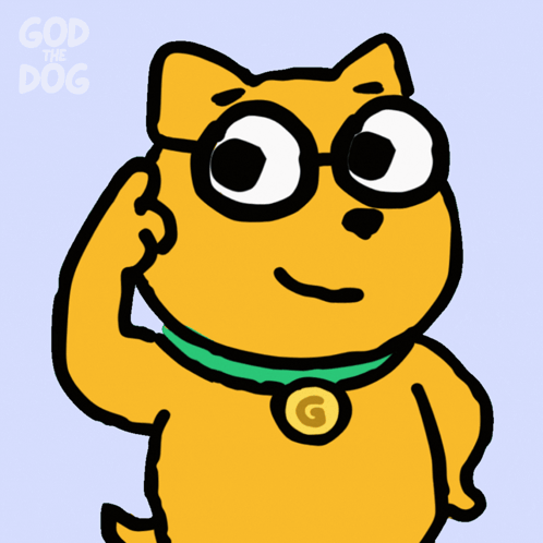 A Cartoon Of A Dog Wearing Glasses And A Green Collar With The Words God The Dog Above It GIF