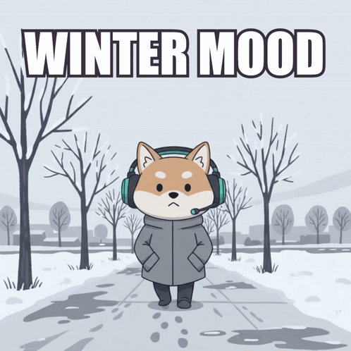 A Cartoon Of A Dog Wearing Headphones And A Jacket With The Words Winter Mood Above Him GIF