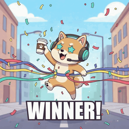 a cartoon of a dog wearing headphones and holding a cup of coffee with the word winner in the corner