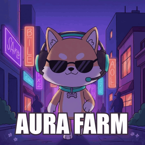 a cartoon of a dog wearing headphones and sunglasses with the words aura farm below it