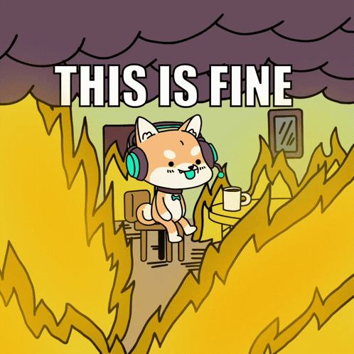 A Cartoon Of A Dog Wearing Headphones With The Words " This Is Fine " Above It GIF