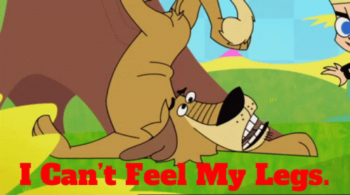 A Cartoon Of A Dog With The Words " I Can 'T Feel My Legs " On The Bottom GIF