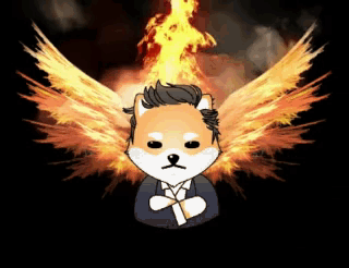 A Cartoon Of A Dog With Wings And A Fire Background GIF