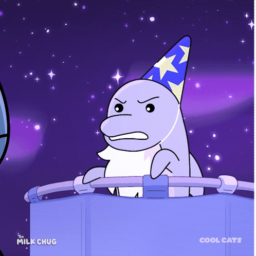A Cartoon Of A Dolphin Wearing A Wizard Hat Is From The Milk Chug GIF