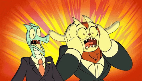 A Cartoon Of A Dragon And A Man With Horns Covering Their Faces With Their Hands GIF