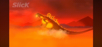 A Cartoon Of A Dragon Flying Through The Air On A Red Background With The Word Slick In The Corner . GIF