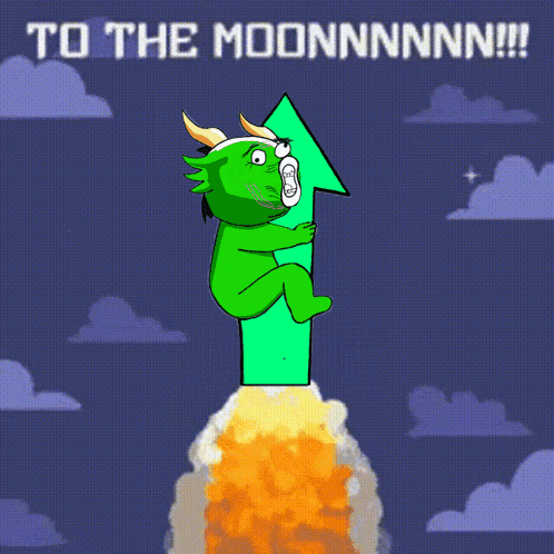 Cartoon Dragon Holding Green Arrow To The Moonnnnn GIF