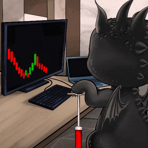 A Cartoon Of A Dragon Looking At A Stock Chart On A Computer Screen GIF