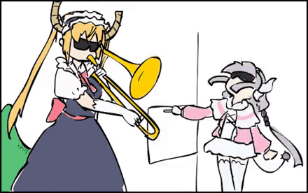 A Cartoon Of A Dragon Maid Playing A Trombone Next To A Cat . GIF
