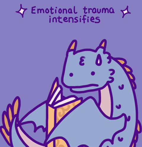 A Cartoon Of A Dragon Reading A Book With The Words Emotional Trauma Intensifies GIF