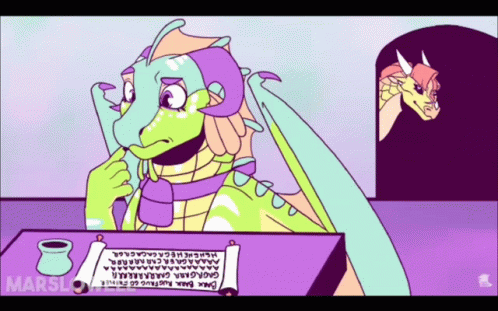 A Cartoon Of A Dragon Sitting At A Table With A Piece Of Paper That Says Marsh GIF