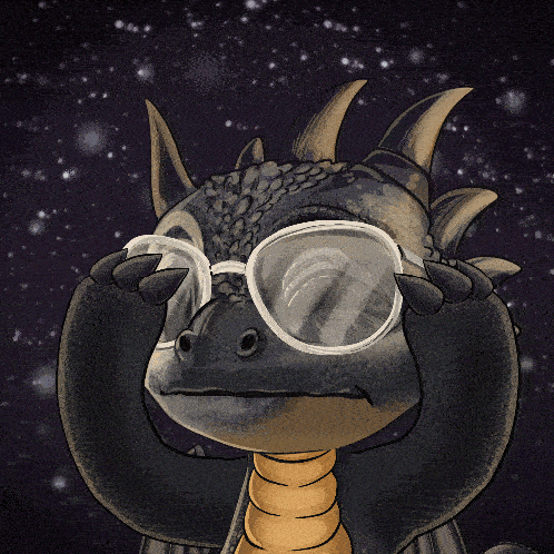 A Cartoon Of A Dragon Wearing Glasses Against A Dark Background GIF