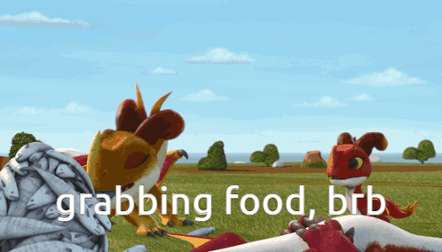 A Cartoon Of A Dragon With The Words Grabbing Food Brb Below It GIF