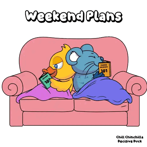 a cartoon of a duck and a mouse sitting on a pink couch reading weekend plans