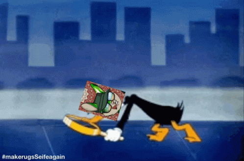 A Cartoon Of A Duck Holding A Magnifying Glass With The Hashtag #Makerugsselfeagin At The Bottom GIF